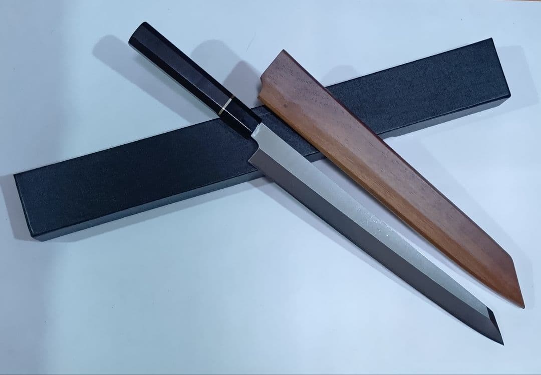 ステン本焼V金10号切付柳刃包丁33cm鞘付黒水牛黒檀八角柄