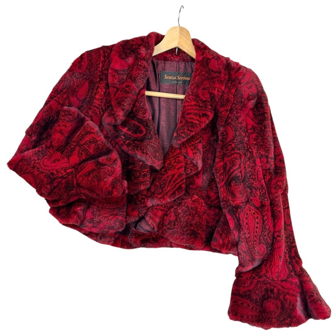 染めミンク レッド シェアード コート 短丈 ベルスリーブ ペプラム 総柄