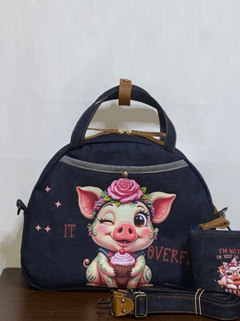 ☆岡山デニム☆ブタさん☆☆扇型☆リュック対応☆4wayボストンバッグ