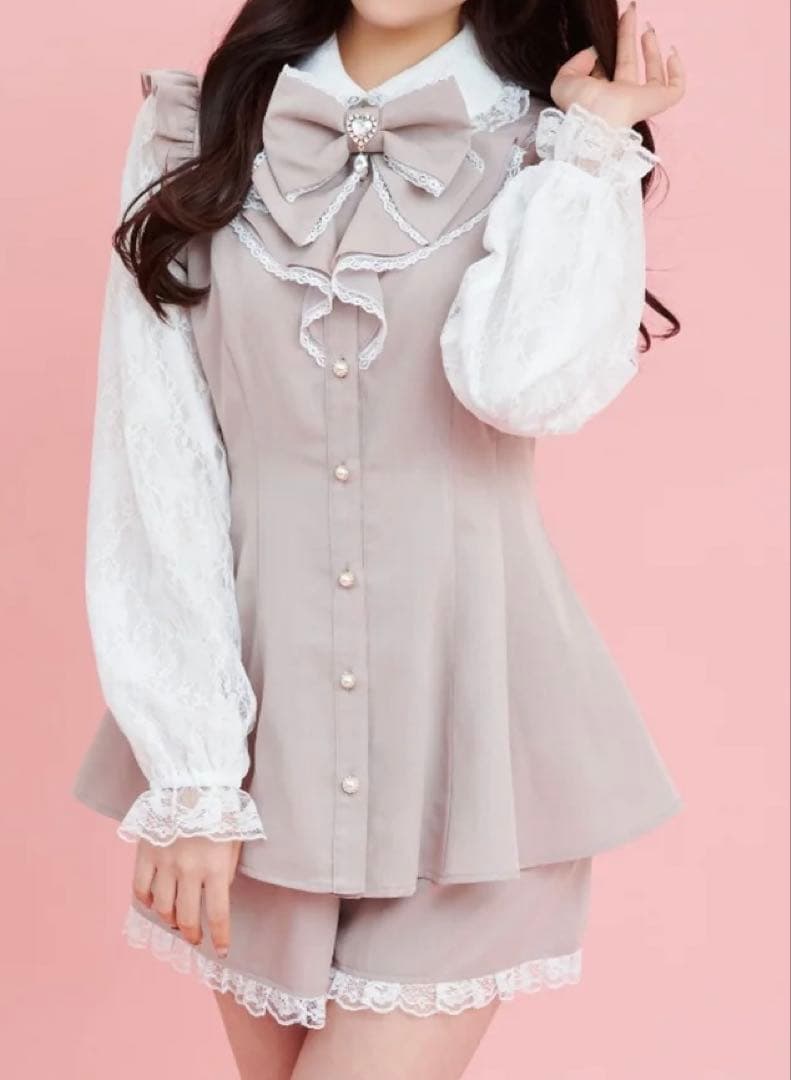 Secret Honey レース袖ラッフルセットアップ （ピンク）