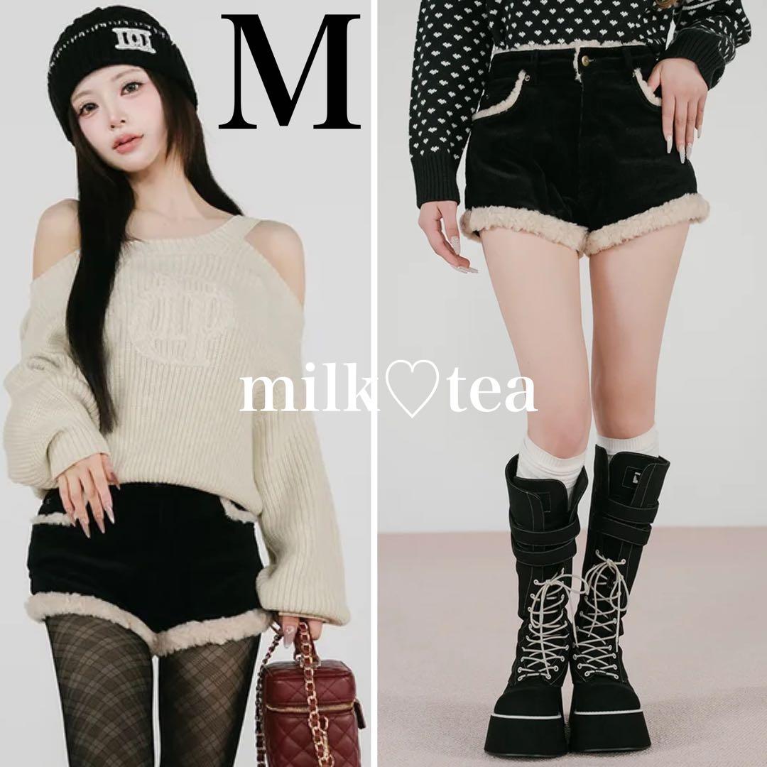 新品タグ付 ダーリッチ ポイントボアコーデュロイショートパンツ ブラック M