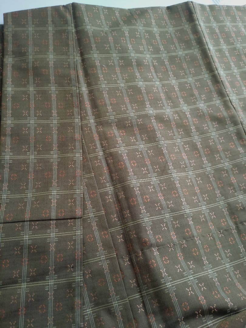 未使用 花織 袷紬着物 カーキ