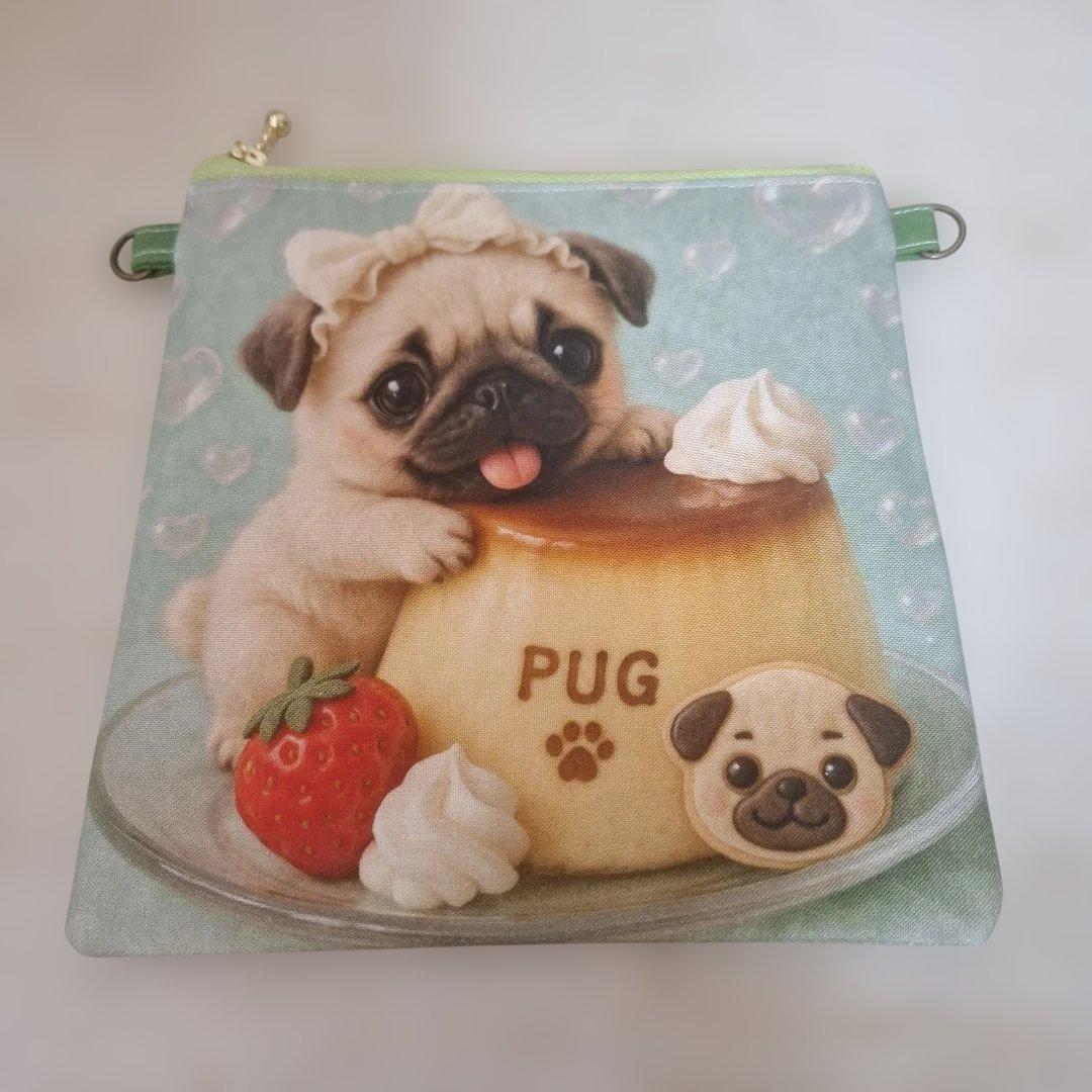 激レアパグパネル生地　ハンドメイド　まちなしバッグ　フラットポーチ