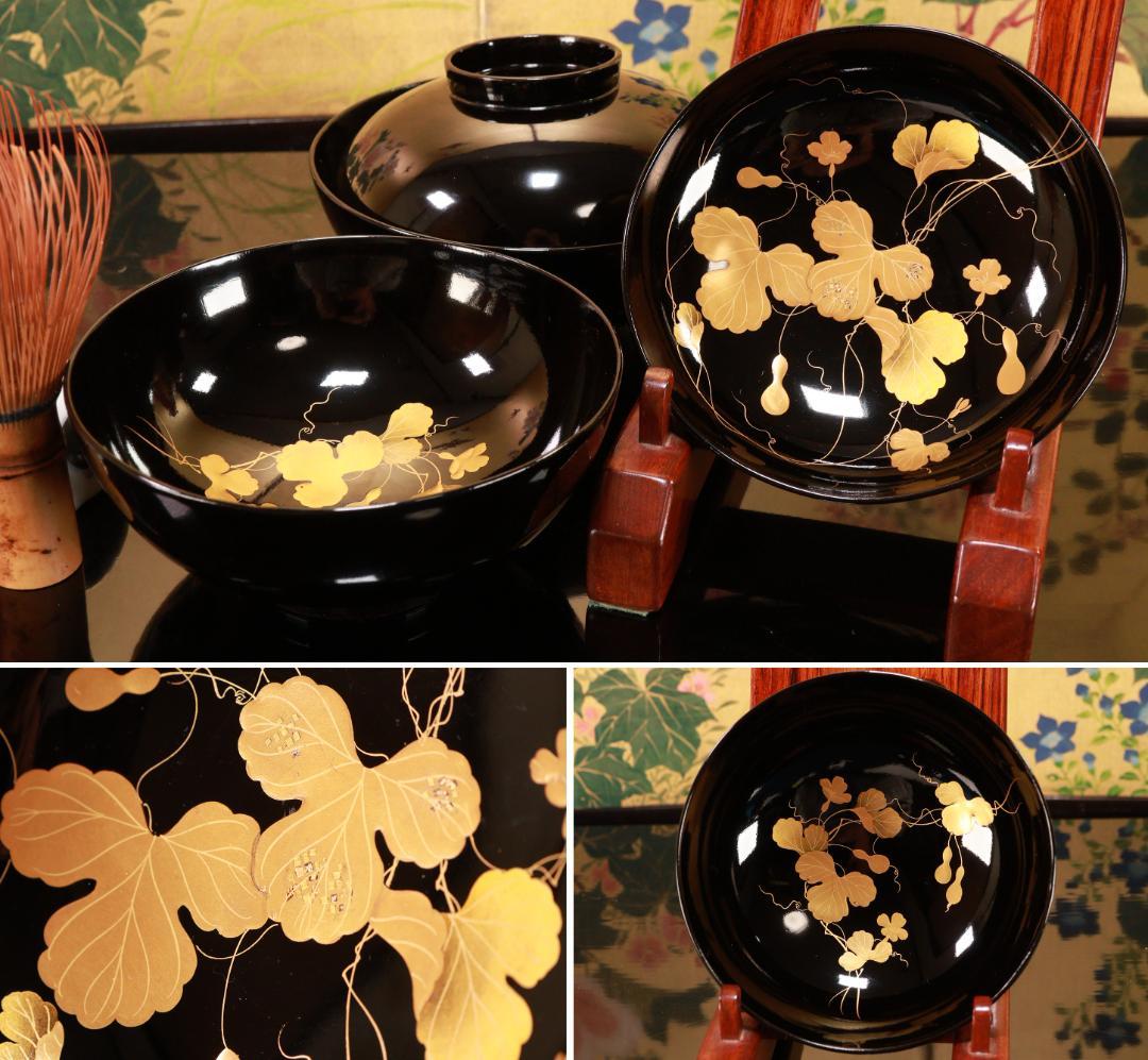 ラミー、BJ123　時代輪島塗　瓢箪図蒔絵　吸物椀　二客　木製 切り金