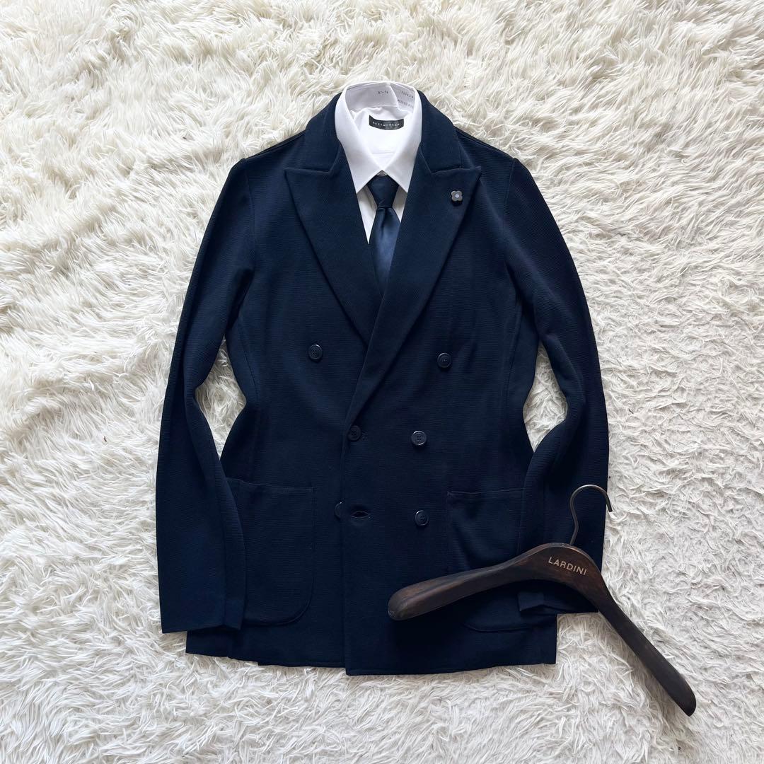 <24ss 極美品>LARDINI ネイビー ダブル ニットジャケットM相当