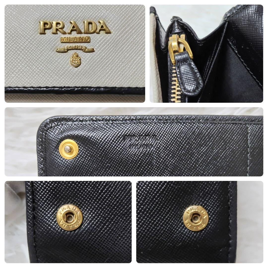 レア美品✨プラダ◇バイカラーブロッキングフラップ長財布　ゴールド金具白黒レザー