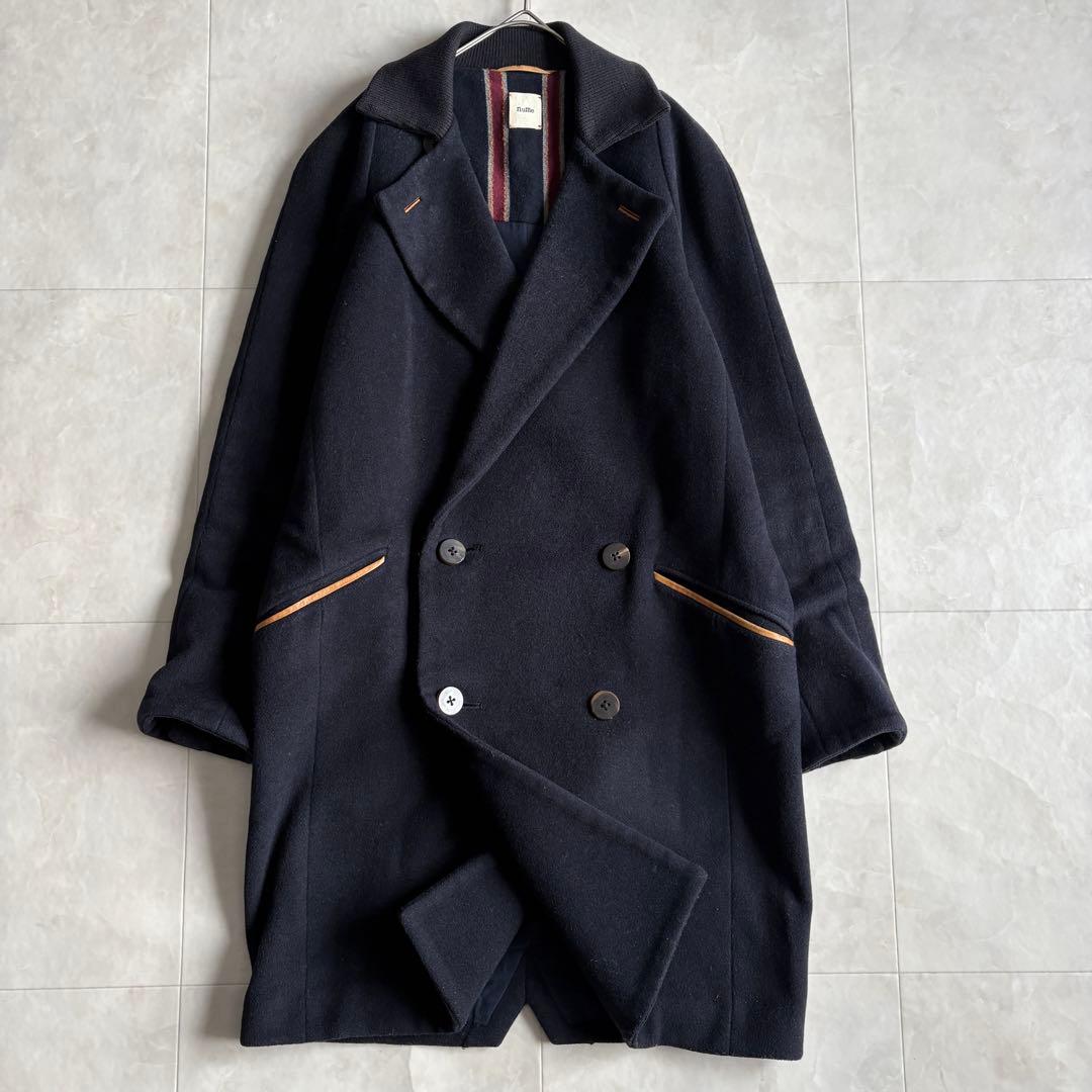 nume ダブルコート ネイビー 2 襟リブ パイピング 上品 ミドル丈