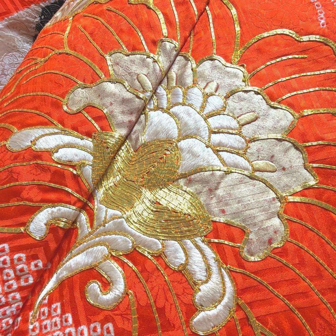21 振袖フルセット 正絹 朱赤 黒 金彩 絞り 駒刺繍 レトロ アンティーク