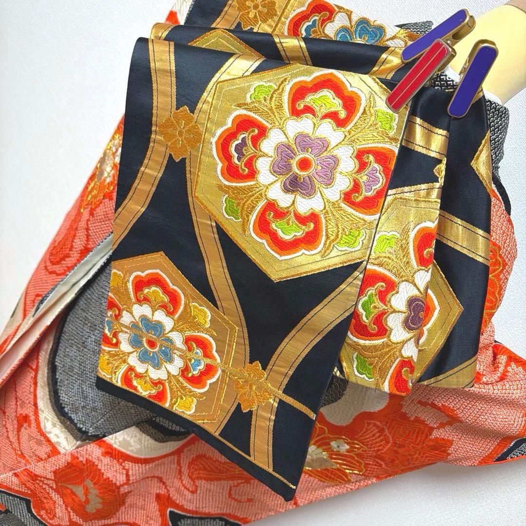 21 振袖フルセット 正絹 朱赤 黒 金彩 絞り 駒刺繍 レトロ アンティーク