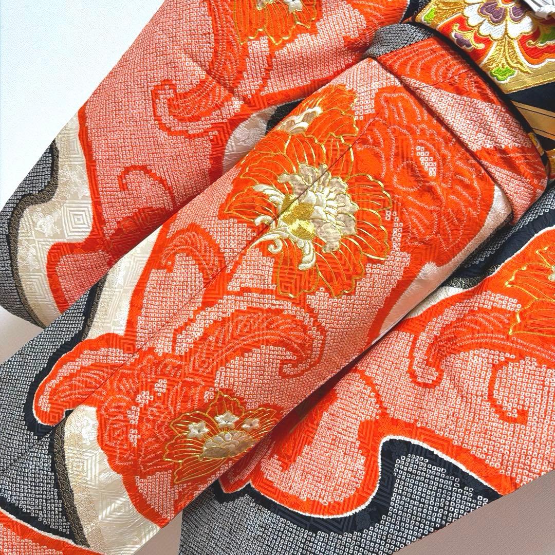 21 振袖フルセット 正絹 朱赤 黒 金彩 絞り 駒刺繍 レトロ アンティーク