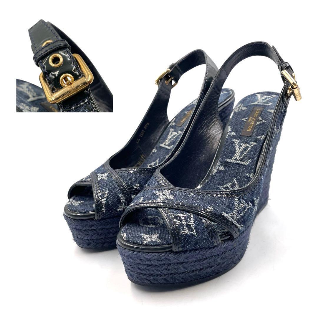《未使用品》ルイヴィトン デニム 厚底 ストラップ サンダル モノグラム 紺系