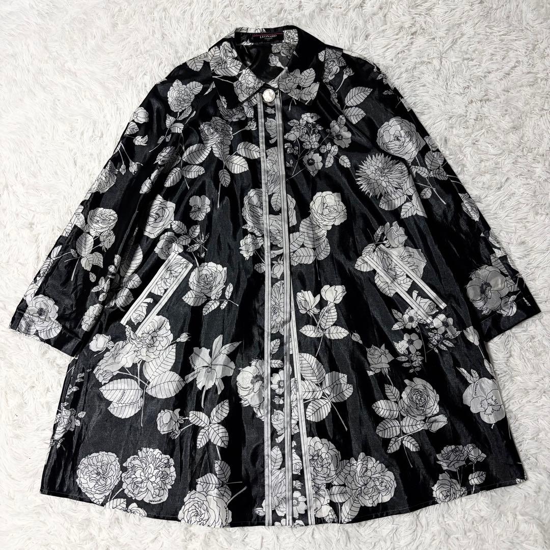 【美品】レオナール モノトーン 花柄シャツワンピース9AR ポリエステル