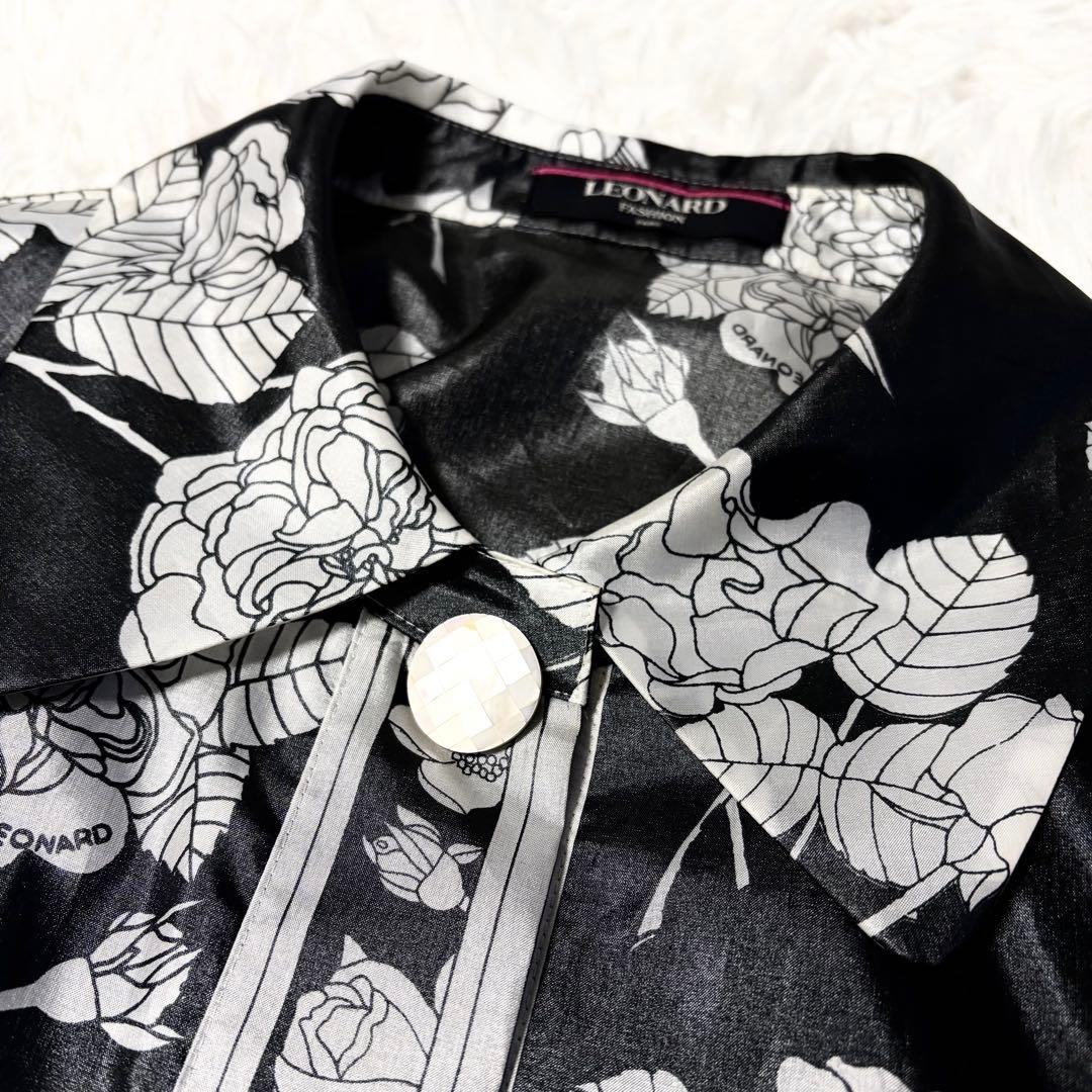 【美品】レオナール モノトーン 花柄シャツワンピース9AR ポリエステル