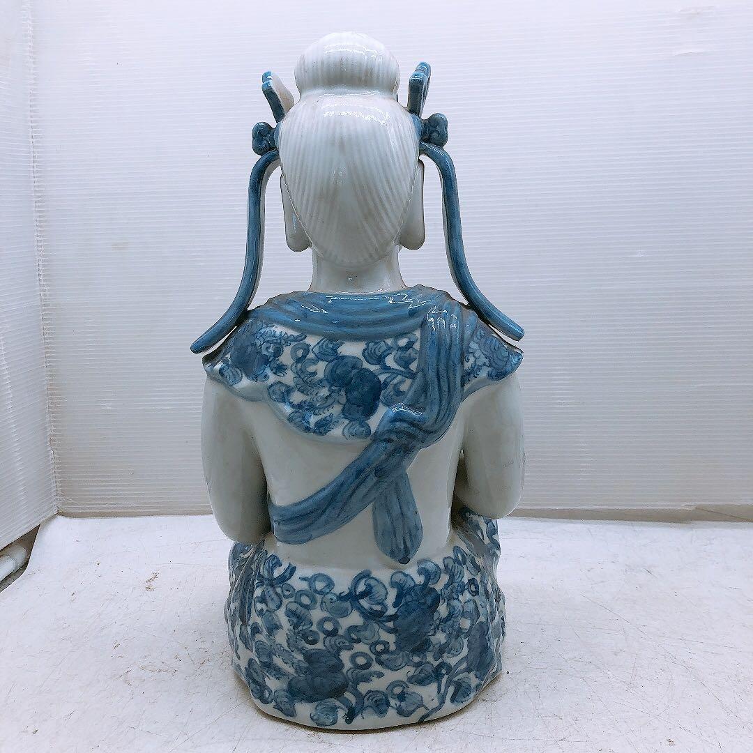 九谷焼 八幡窯 染付 座観音 観音像 縁起物 陶器製 置物 インテリア 中古品