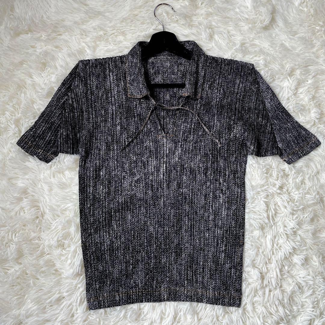 イッセイミヤケ PLEATSPLEASE デニム転写　変形　プリーツ　トップス