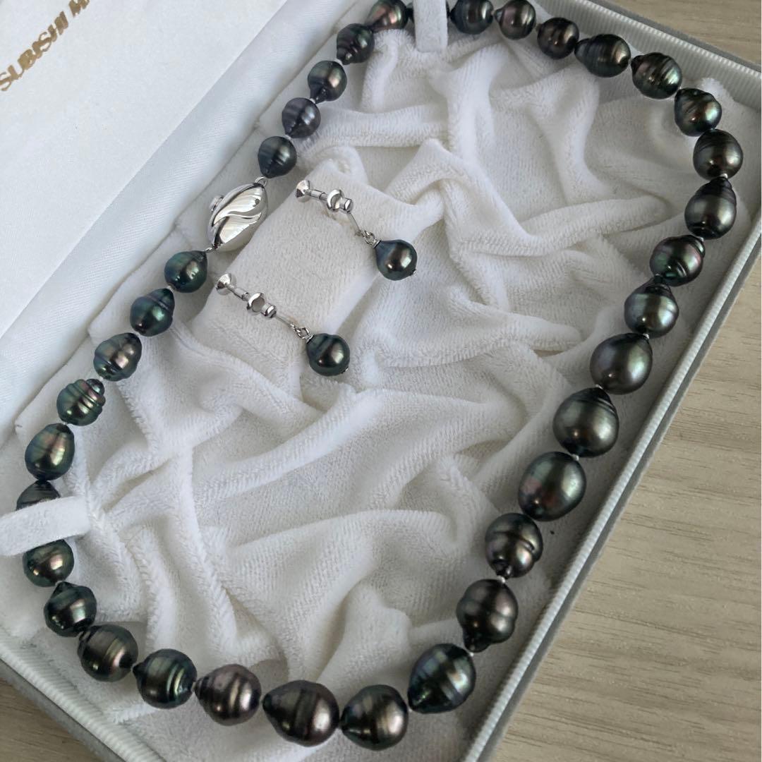黒蝶真珠ネックレス　ブラックパール　タヒチ　バロック　イヤリング　本真珠　刻印