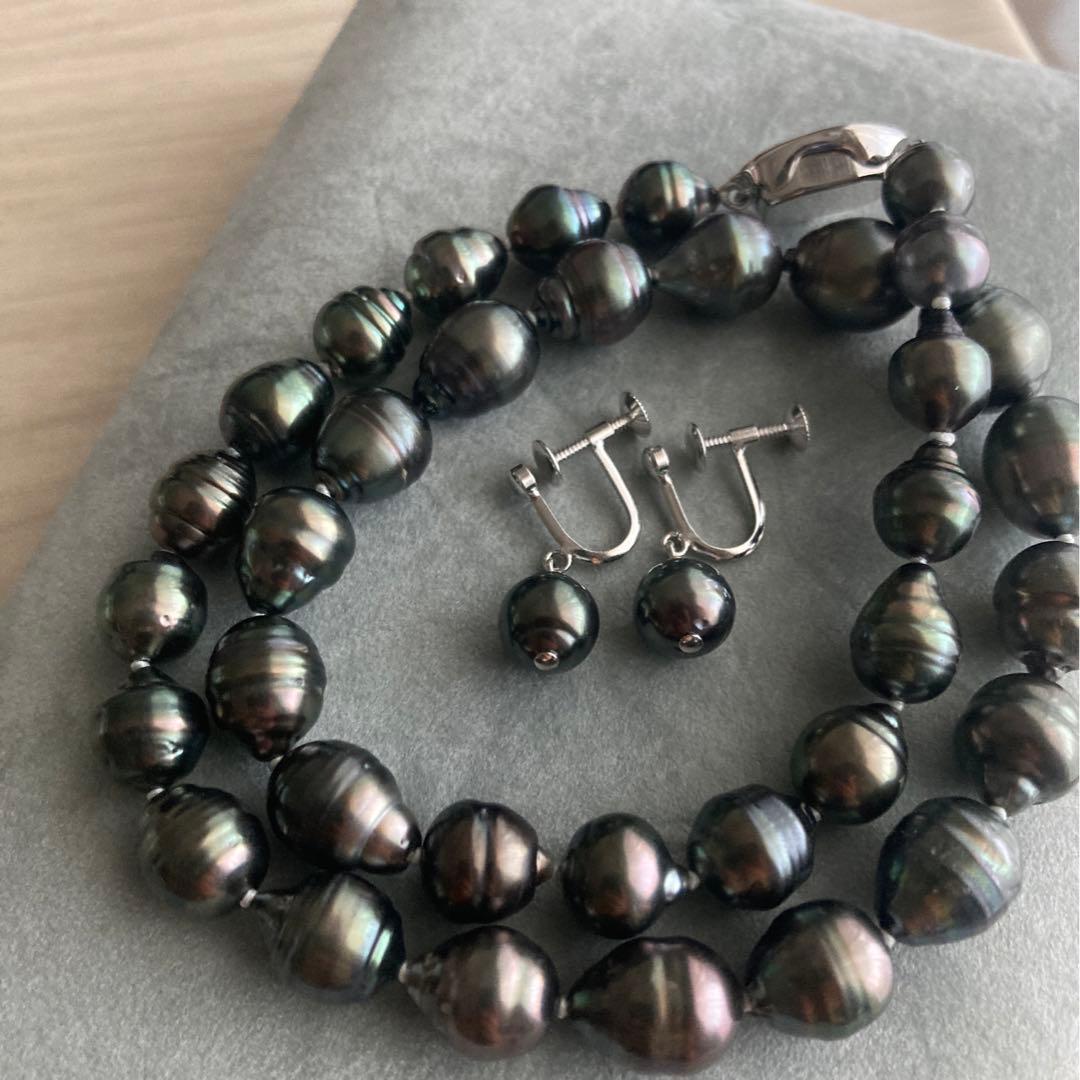 黒蝶真珠ネックレス　ブラックパール　タヒチ　バロック　イヤリング　本真珠　刻印