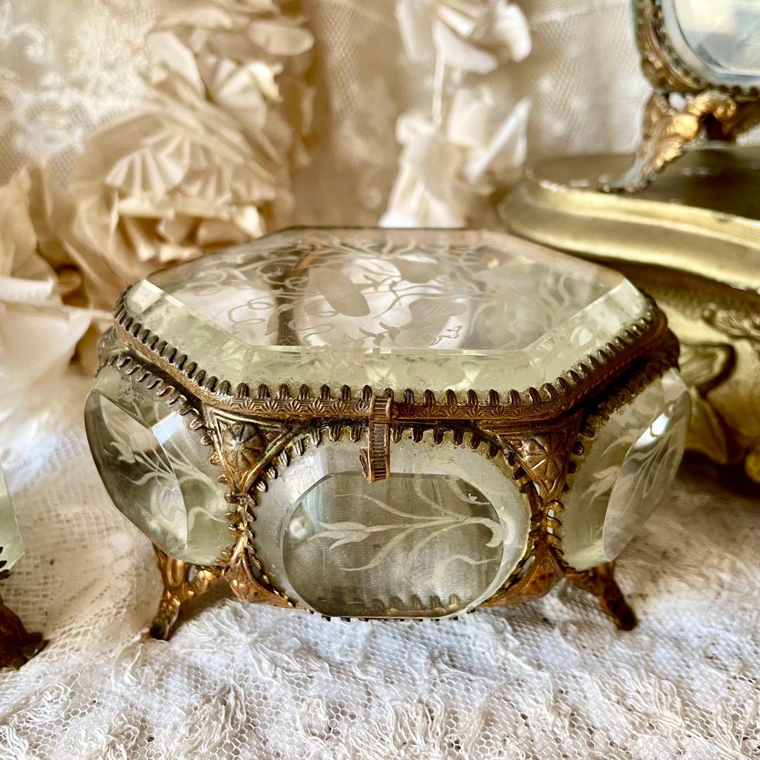 6角形ベベルガラスジュエリーボックス　アクセサリーケース　フランスアンティーク