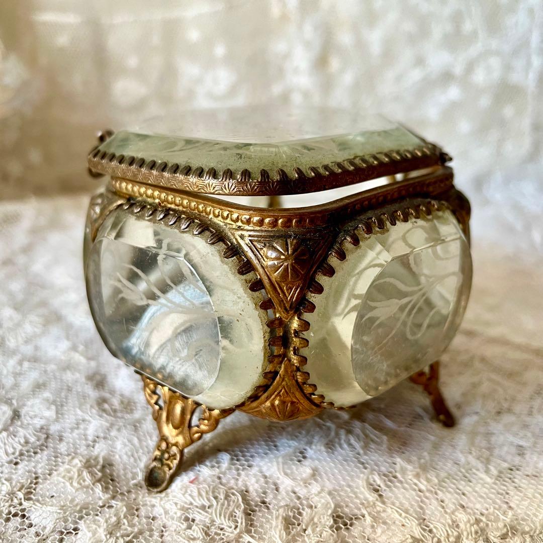 6角形ベベルガラスジュエリーボックス　アクセサリーケース　フランスアンティーク