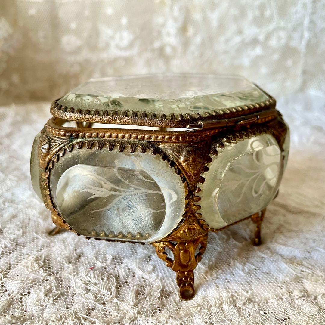 6角形ベベルガラスジュエリーボックス　アクセサリーケース　フランスアンティーク