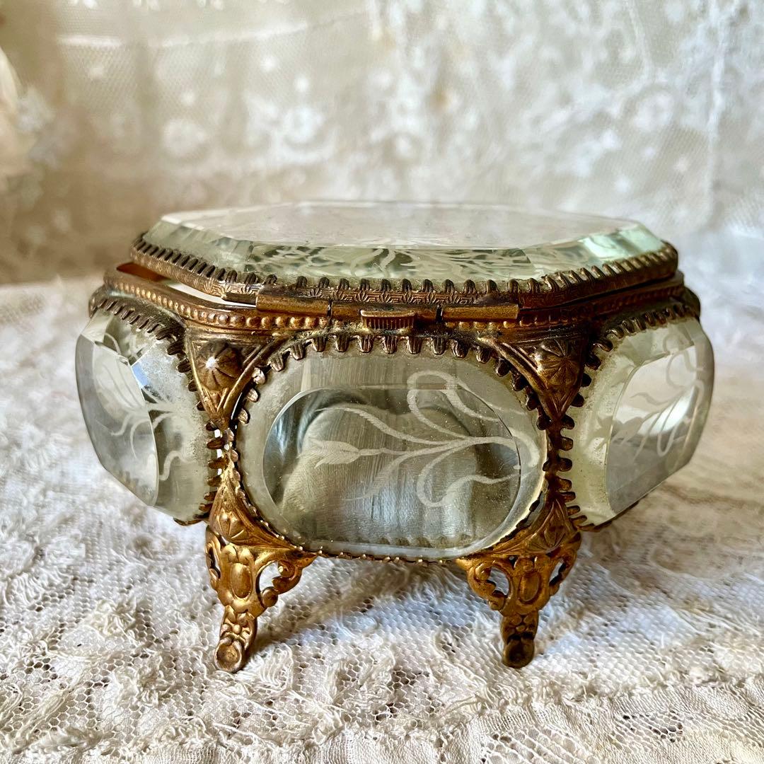 6角形ベベルガラスジュエリーボックス　アクセサリーケース　フランスアンティーク