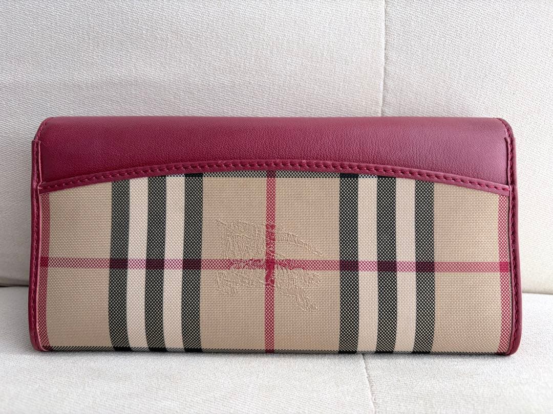 バーバリー　長財布　ノバチェック　フラップ　ロゴプリント　レザー　美品　レッド