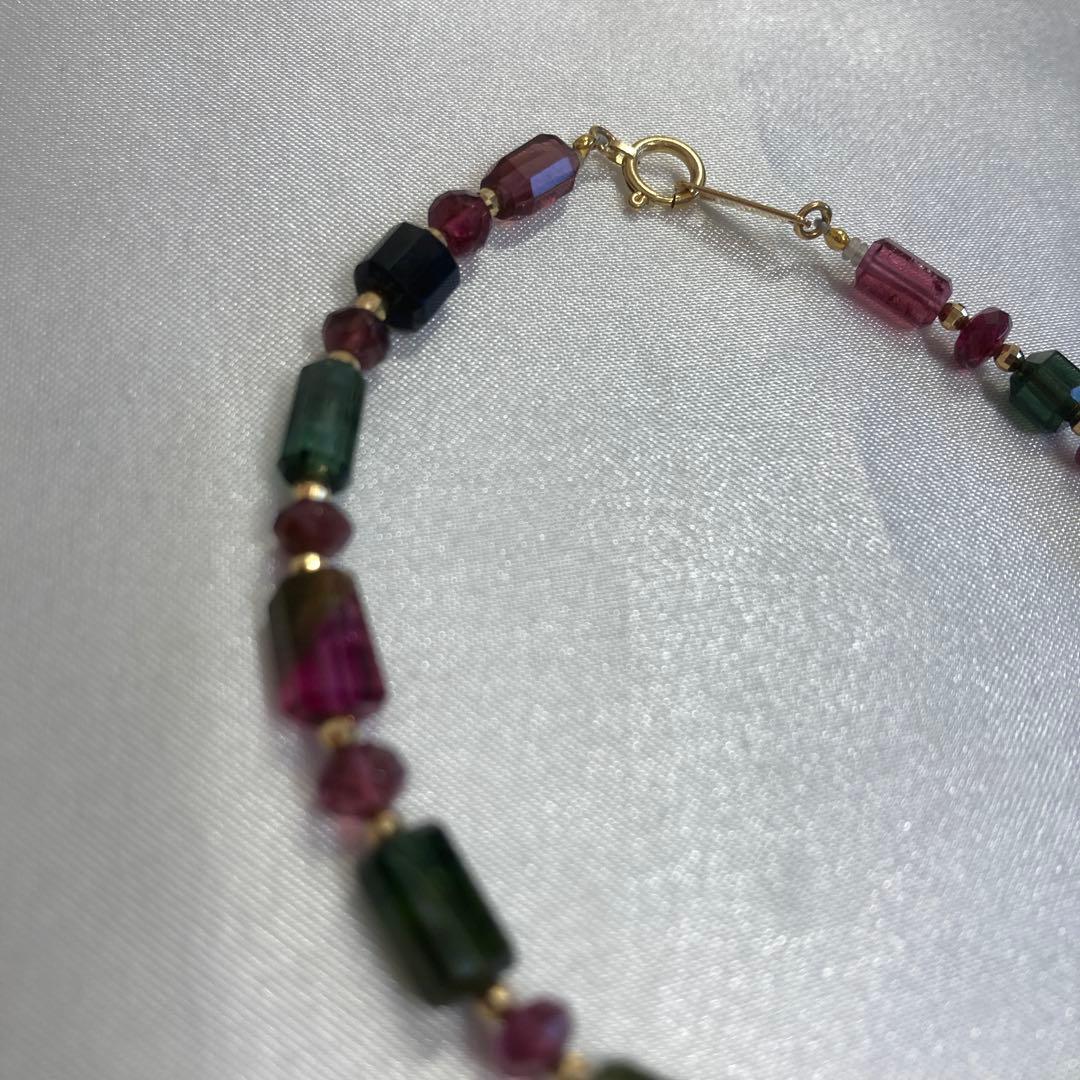 <美品> K18 トルマリン　ネックレス　ブレスレット　天然石　グリーン　ピンク