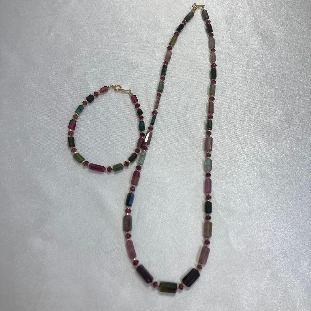 <美品> K18 トルマリン　ネックレス　ブレスレット　天然石　グリーン　ピンク