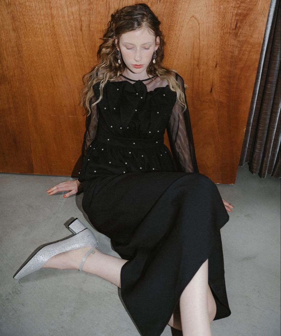 Et.UNiVER 黒 シースルー長袖 ペプラムドレス　M