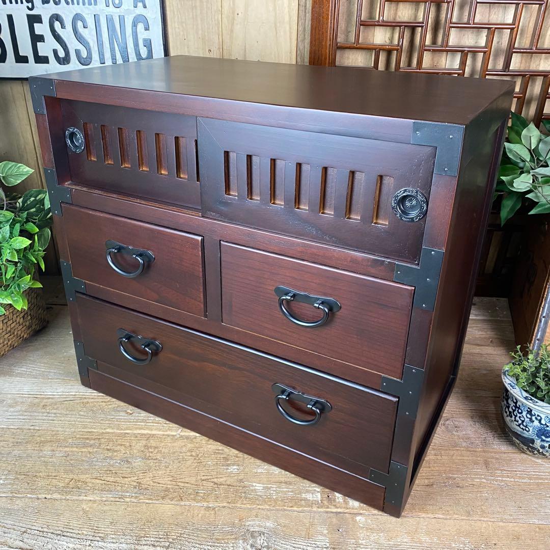 訳あり品！【75】民芸木製桐材天然無垢和箪笥引き戸付き収納家具和タンス飾り棚和室