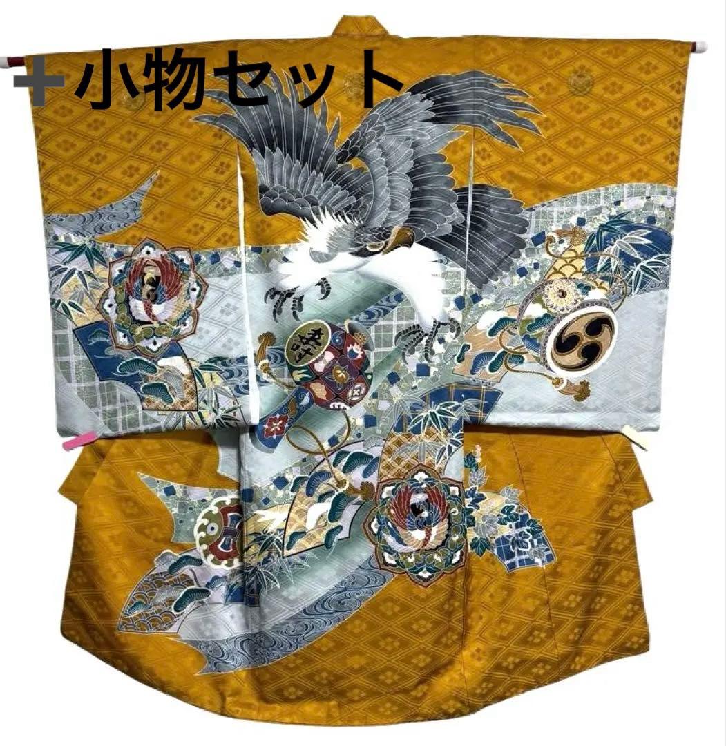 お宮参り　一つ身着物＋小物セット　男の子　正絹　からし色　鷹柄