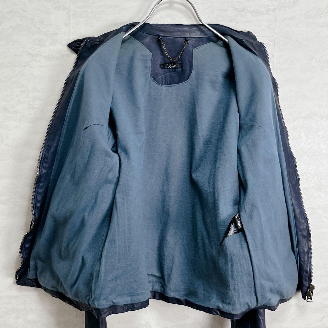 『sisii シシ』レザーライダースジャケット 牛革 洗濯可 ダブルジップ 紺青