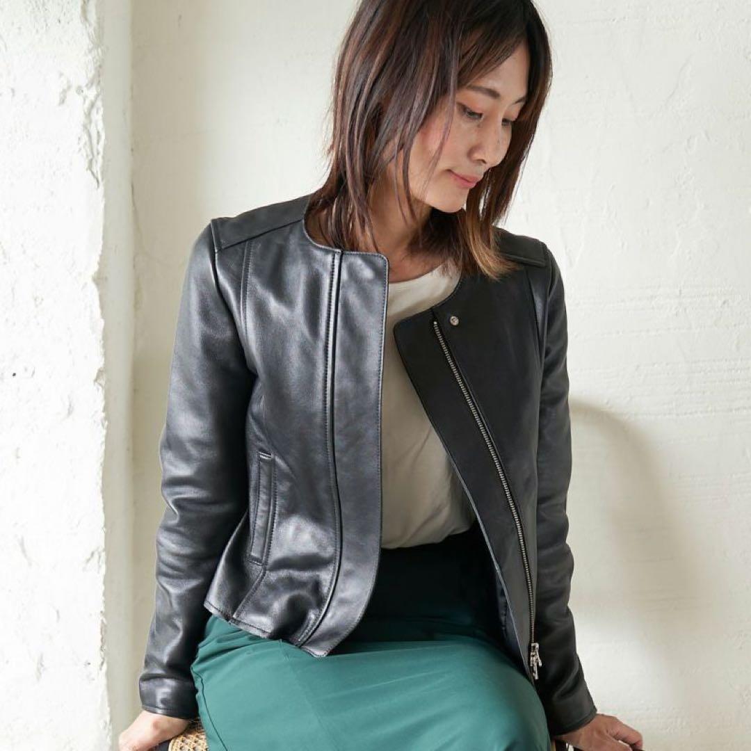 未使用級✨もりのがっこう　ラムレザー ノーカラージャケットブルゾン　ブラック　L