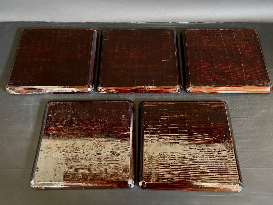 「母」 讃岐彫 四方膳 五客揃い 讃岐膳 讃岐盆 くり抜き （114Ｂ）