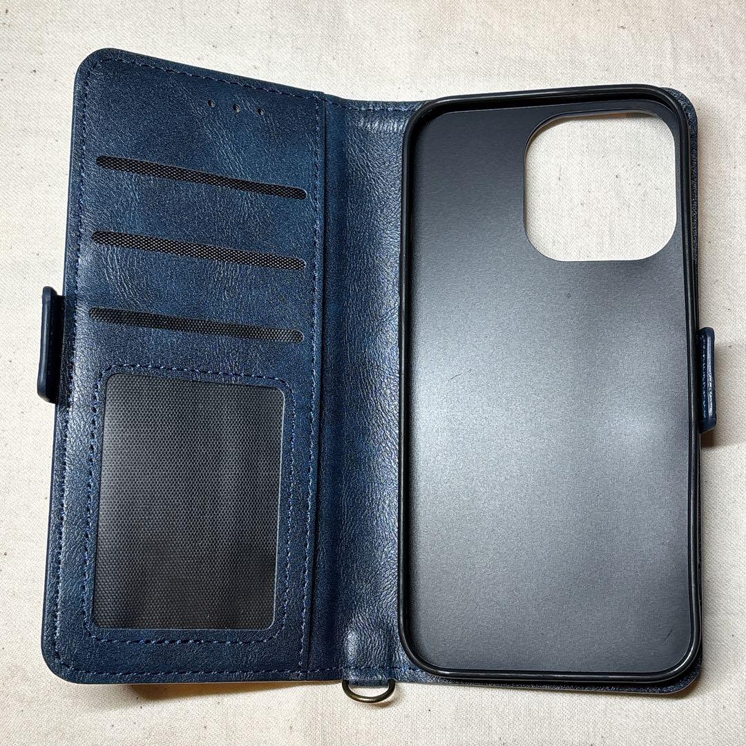 【✨特価✨】iPhone13Pro　ケース　手帳型　ネイビー　ストラップ付