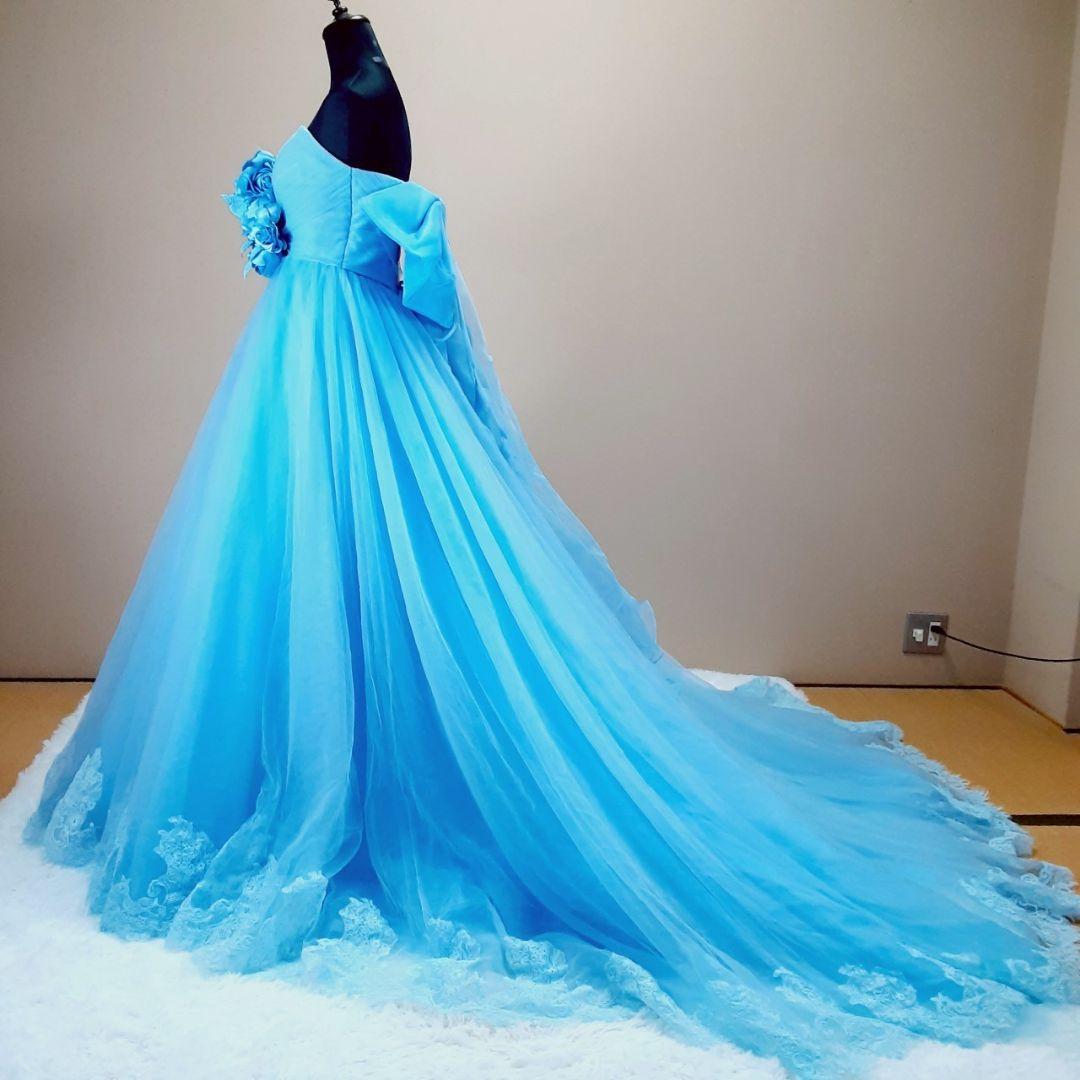 希少デザイン◎カラードレス ストラップレス 青 フラワー装飾 Aライン 付属品付