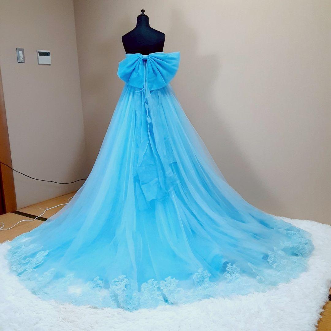 希少デザイン◎カラードレス ストラップレス 青 フラワー装飾 Aライン 付属品付