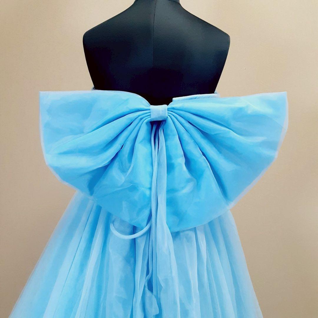 希少デザイン◎カラードレス ストラップレス 青 フラワー装飾 Aライン 付属品付