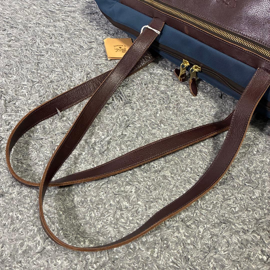 【未使用級】IL BISONTE ボストンバッグ 大容量 折りたたみ 茶×紺