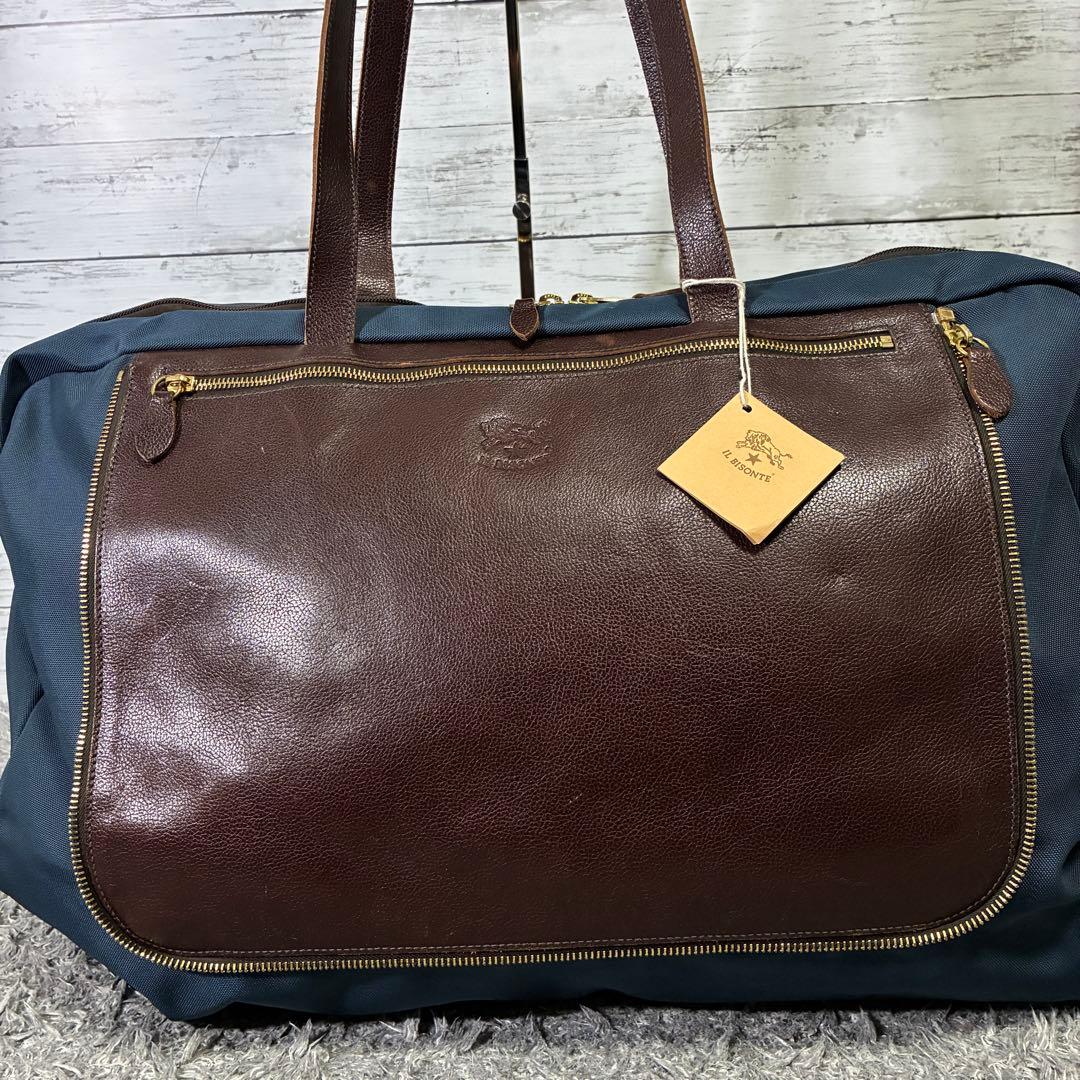 【未使用級】IL BISONTE ボストンバッグ 大容量 折りたたみ 茶×紺