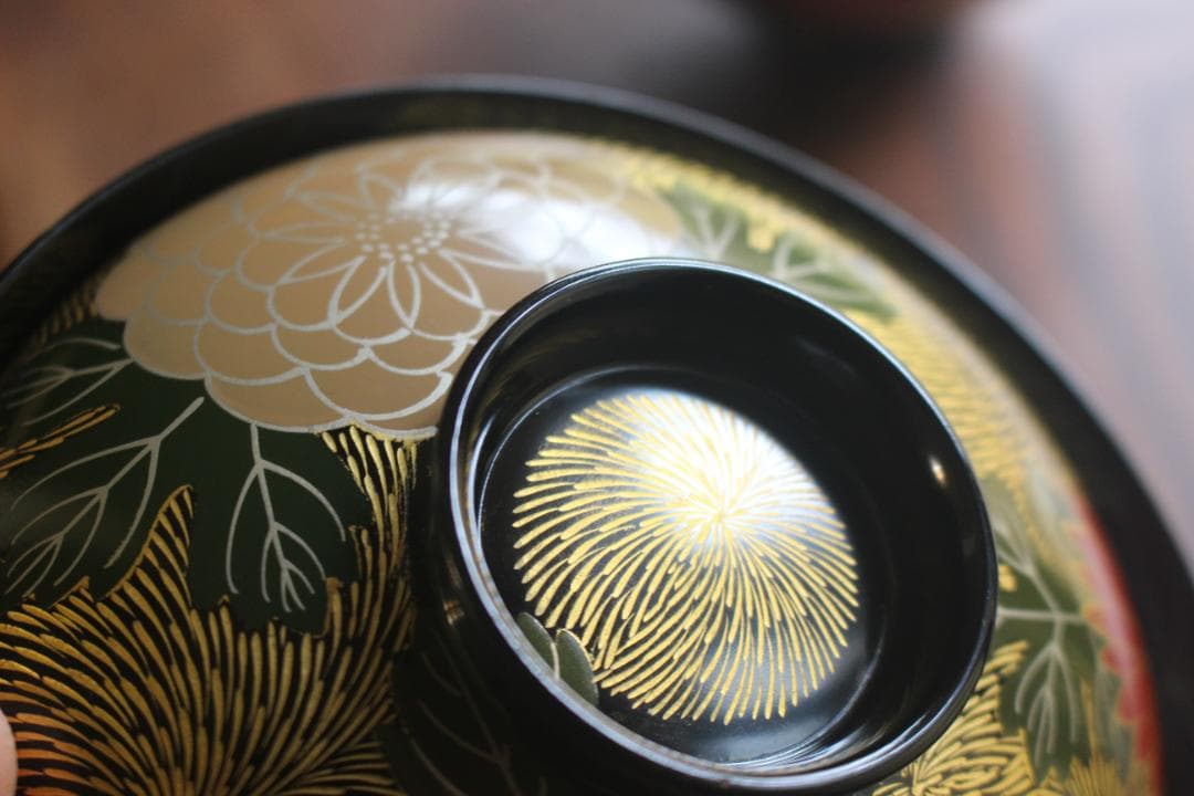 専用！上質黒漆に極上菊詰沈金蒔絵のお椀3点（検輪島塗蒔絵椀雑煮椀