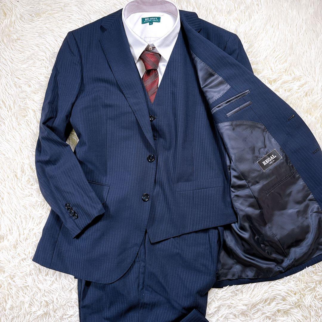 【AB6⭐️美品】リーガル　3ピーススーツセットアップ ストライプ　式　紺