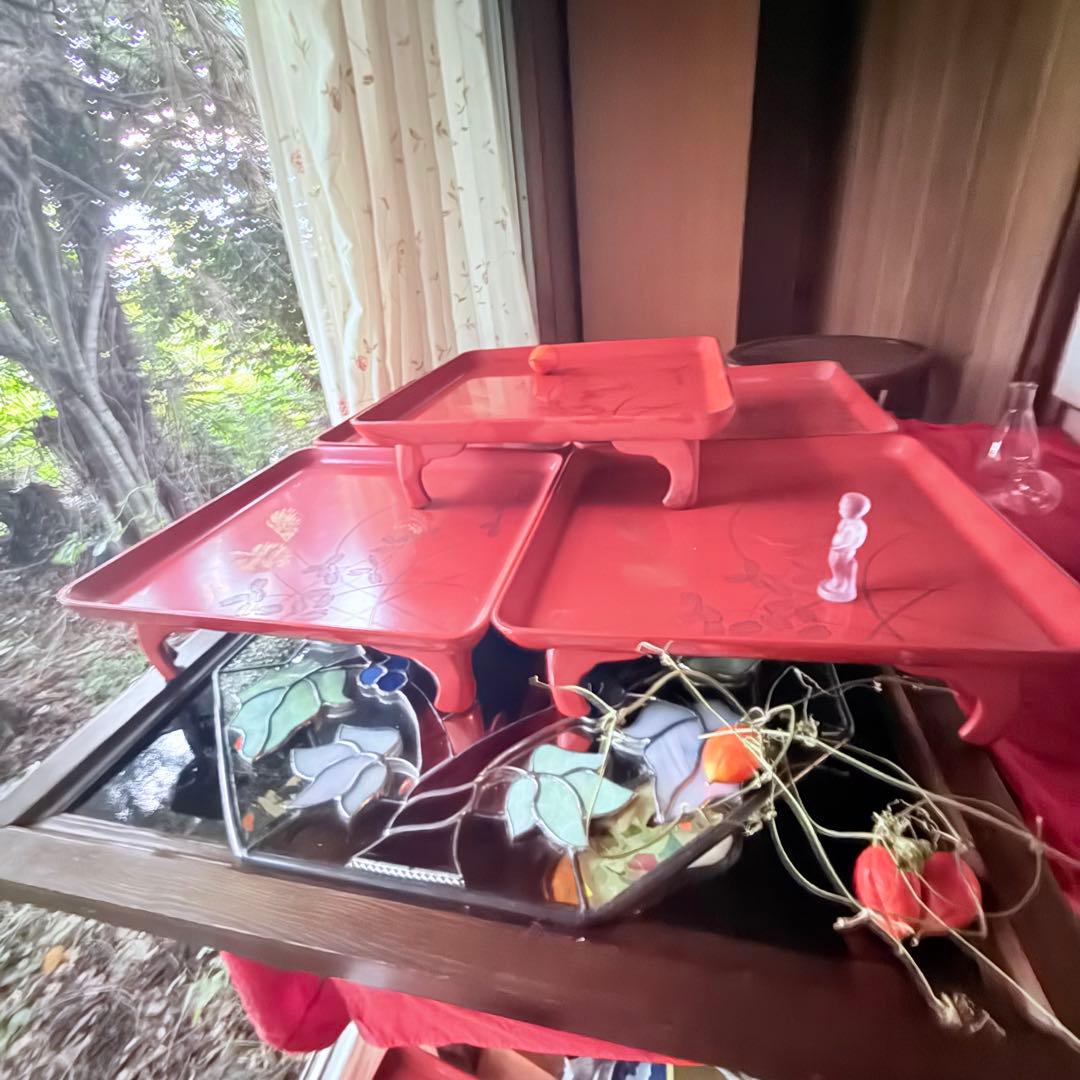 A様へ感謝お嫁入り‼️節目にJAPAN GOLDすすき天然木朱色沈金御膳 10客