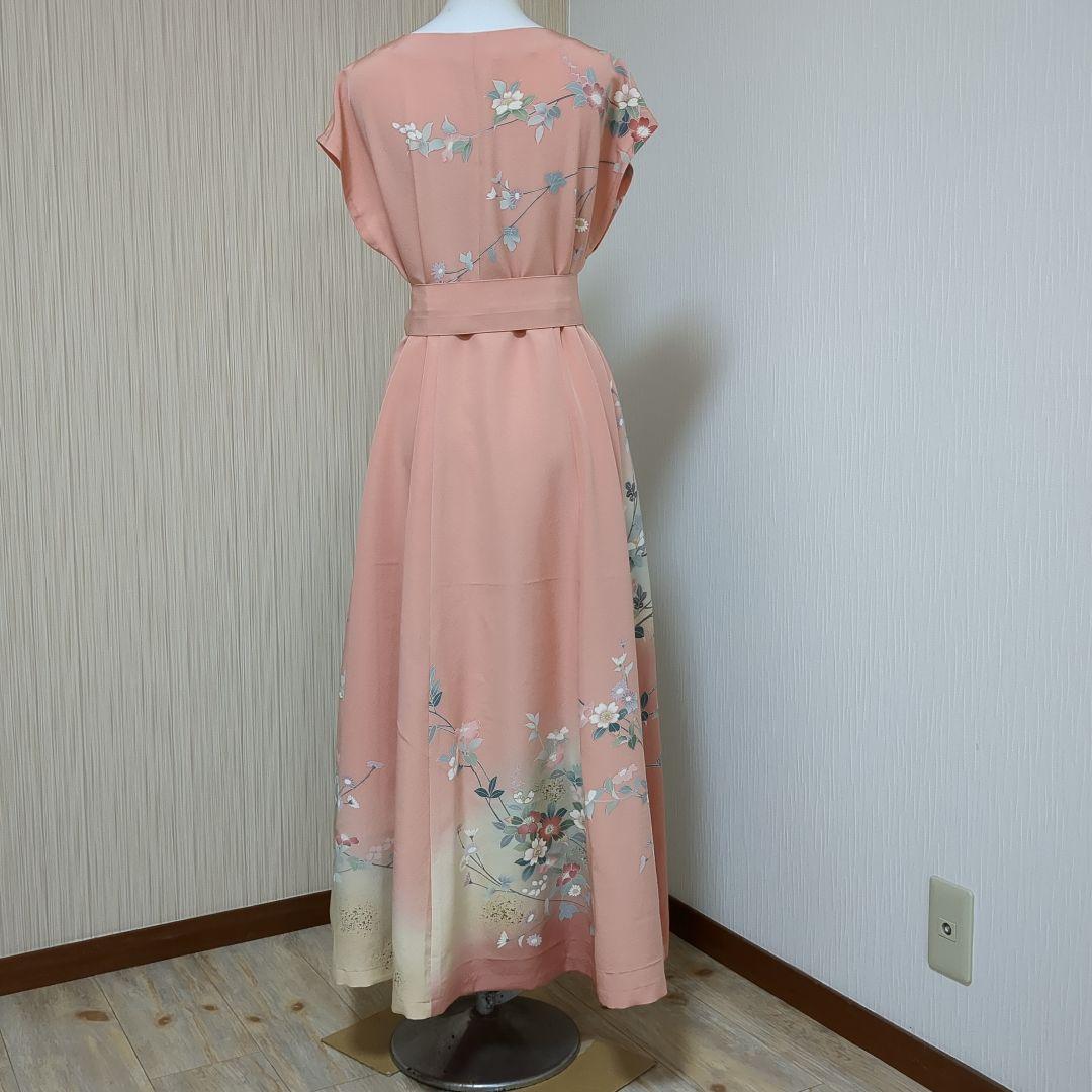 着物リメイク　正絹訪問着　上質友禅 フレアーロングワンピース　裏地付