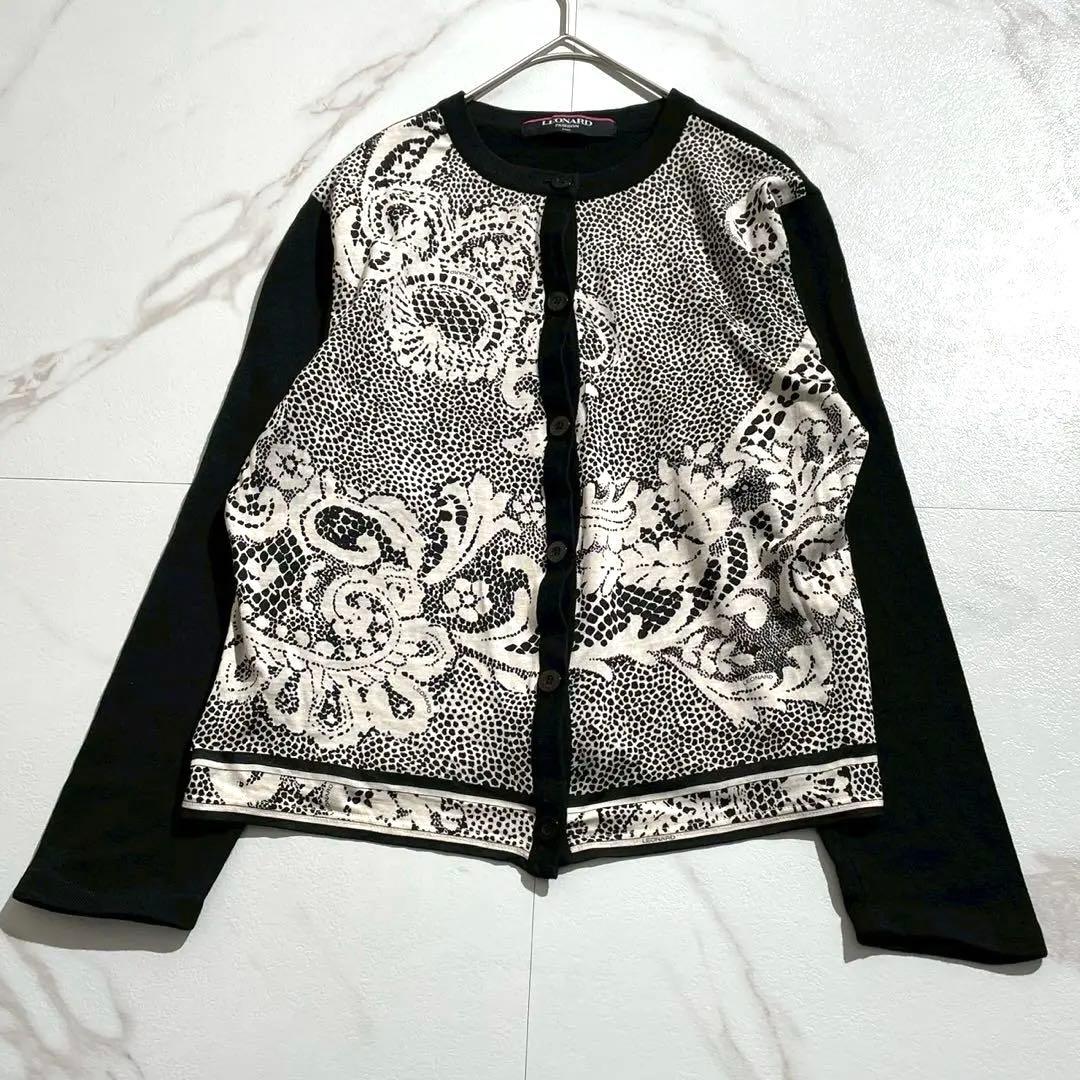 極美品✨LEONARD レオナール カーディガン レース柄 シルク混 M 黒