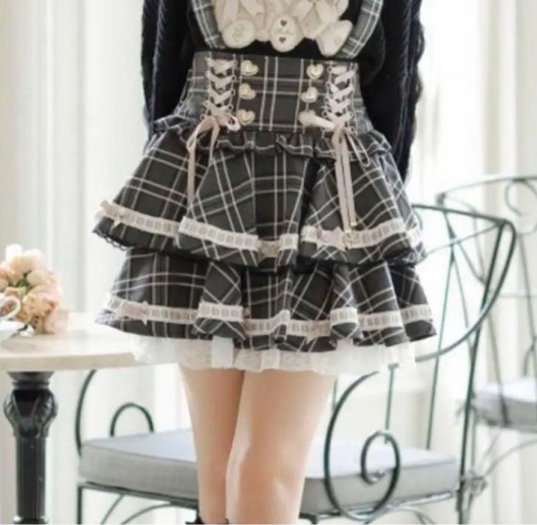 ほ*の様 リズリサ　はしごリボンチェックティアードスカパン　ブラック　チェック