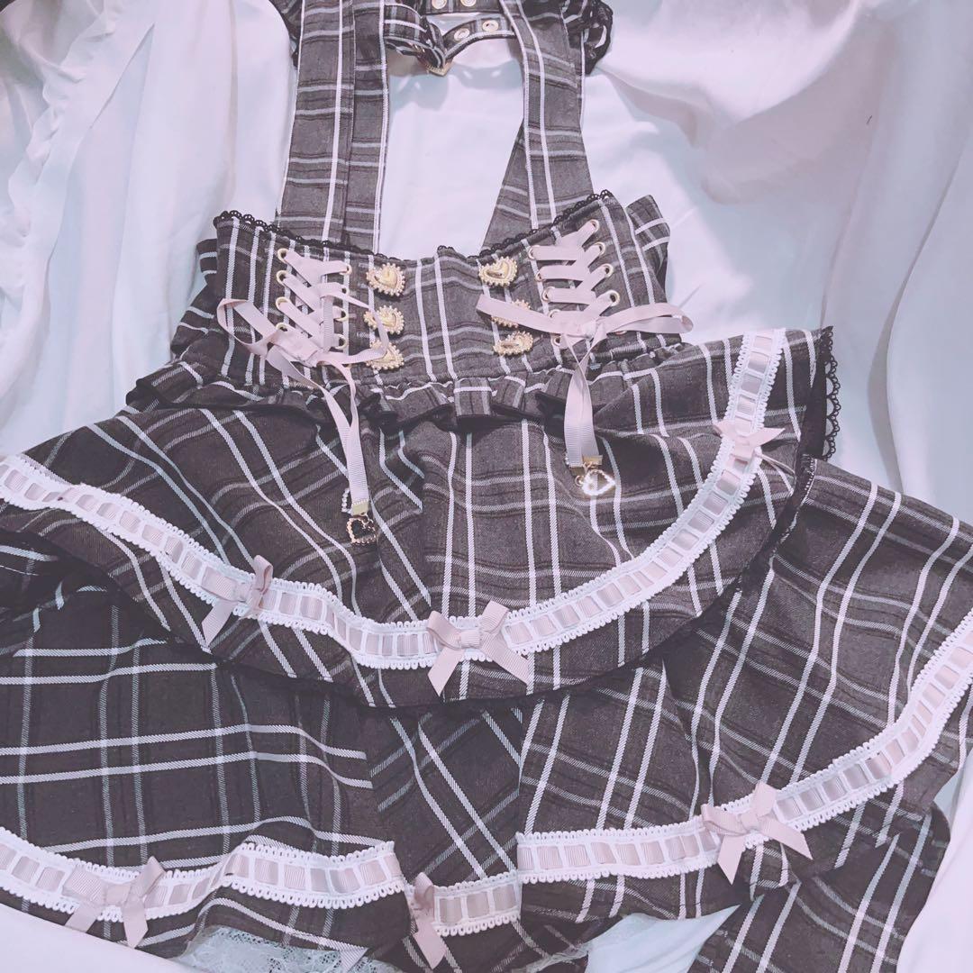 ほ*の様 リズリサ　はしごリボンチェックティアードスカパン　ブラック　チェック