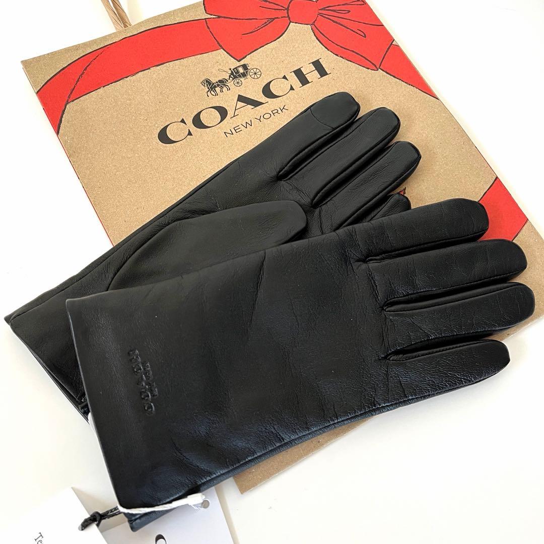 コーチ☆新品☆レザーテック スマホ対応 グローブ 手袋/ブラック 黒 S
