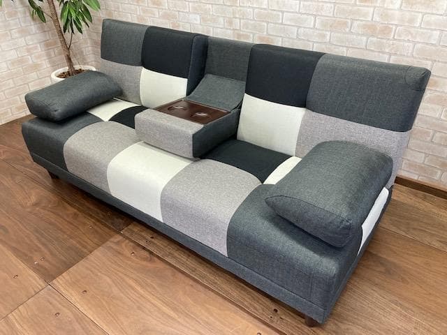 ソファーベッド　小テーブル付き　パッチワーク柄　グレーMIX　ソファ　新品