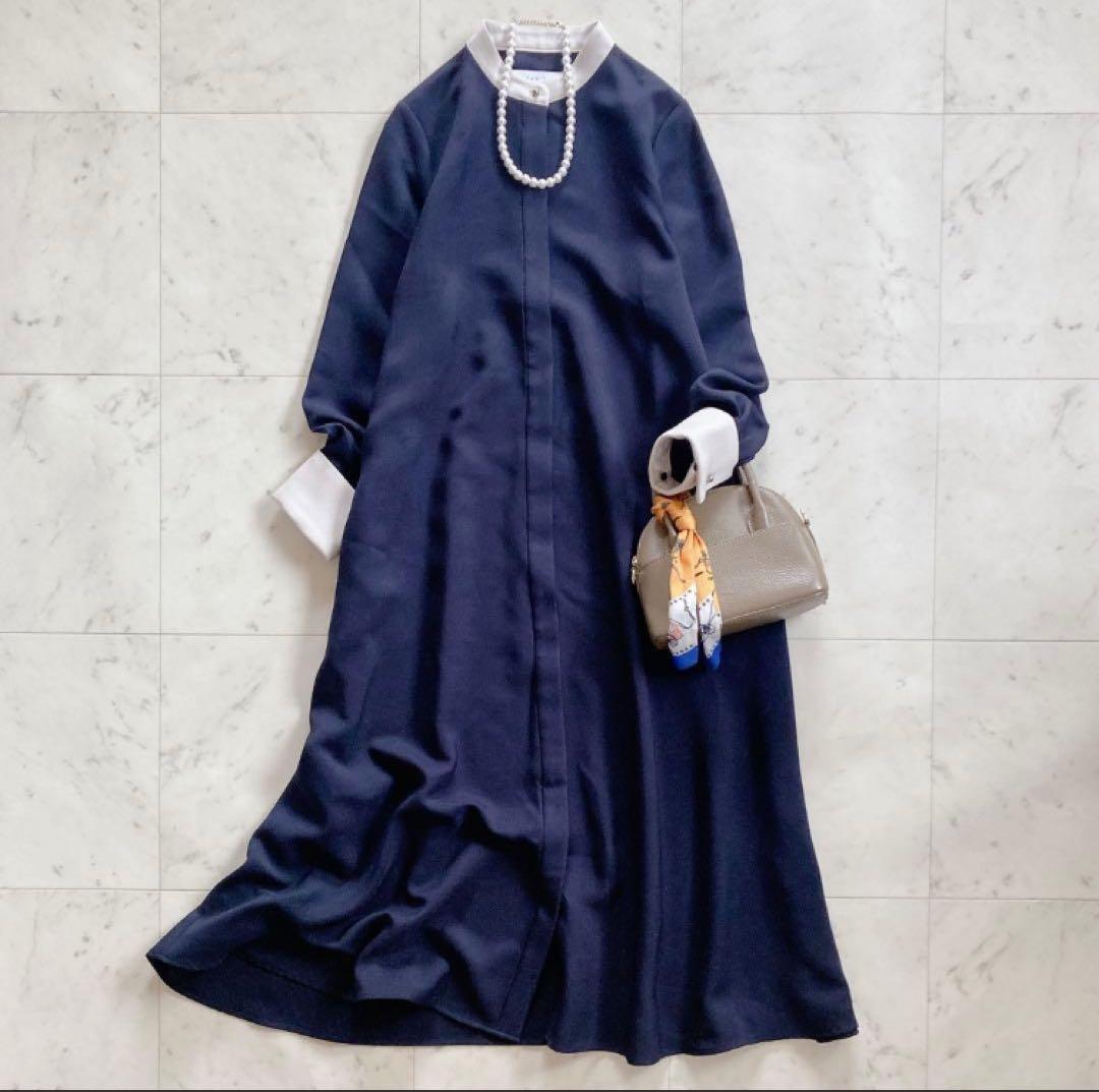 極美品　SHIPS any ダブルクロス　Aラインシャツワンピース　ネイビー